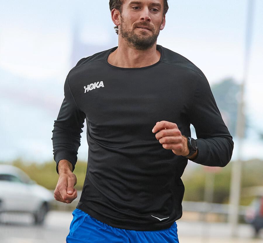 Top Hoka One One Hombre Negros - Performance 3/4 Sleeve - YNRW54167